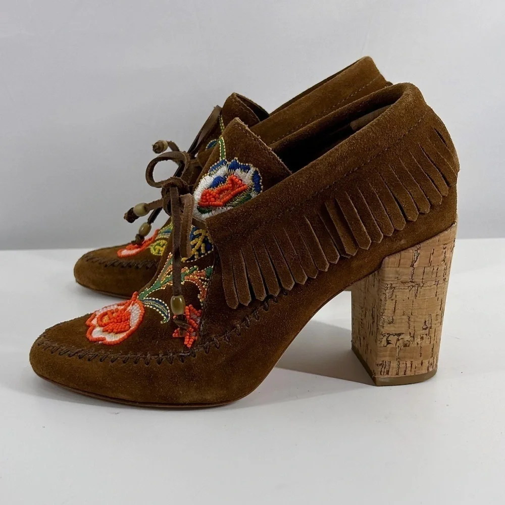 Tory Burch Brown Embroidered Ankle Boots - Picture 6 of 12